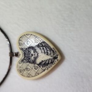Vintage Tabby Cat Heart Pendant Signed And Inscribed Necklace Black Rope Chain
